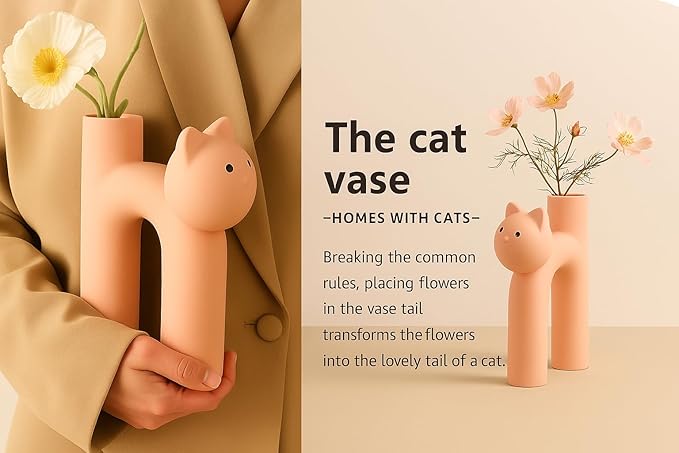 Cat Vase for Flowers, Cute Ceramic Vase Decor for Home, Pink Vase for Shelf Desk Bedroom, Cat Lover Gifts for Women, Cat Mom Gifts, Flower Vase for Dried Flowers, Pampas Grass