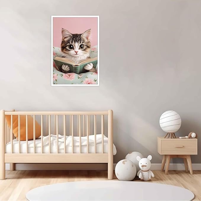 Trendy Cat Reading In Bed Canvas Wall Art Funny Pink Flower Animal Poster Funky Cat Lovers Monet Minimalist Prints Painting For Home Bedroom Kids Room Dorm Wall Decor 24x36in Unframed