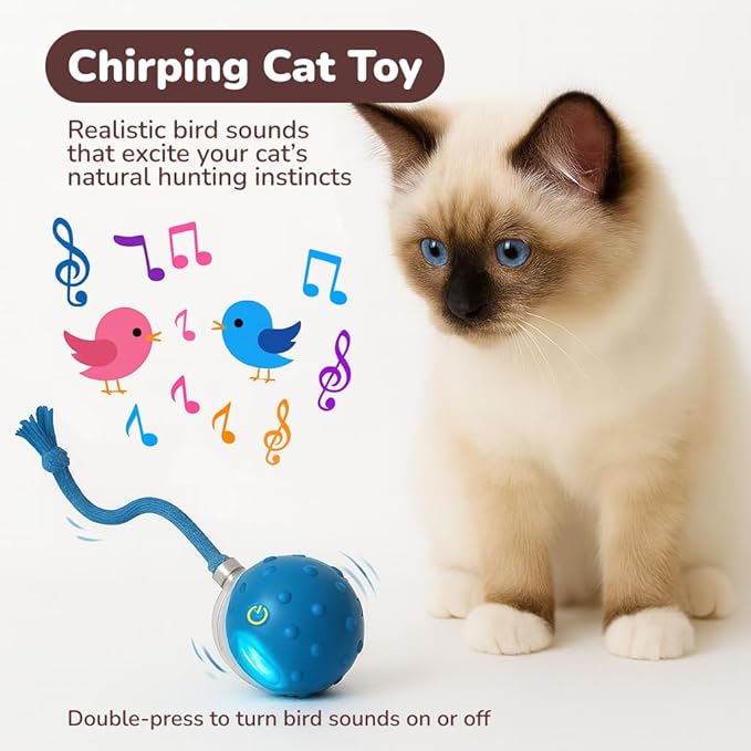 Interactive Cat Toy Ball for Indoor Cats – Fast Rolling on Carpet, Motion Activated with Chirping Sounds, Smart Play Toy (Blue)