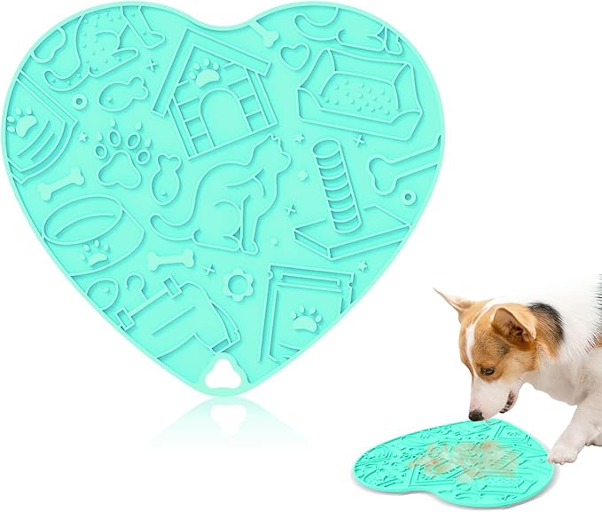 Silicone Slow Feeder Dog & Cat Bowl with Suction Cups – Non-Slip Fun Pattern for Dogs and Cats, Interactive Pet Enrichment Bowl, Treat Eating Feeder, Heart-Shaped Mat Compatible (Mint)