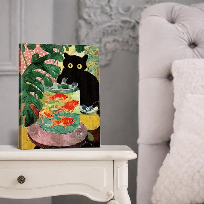 Vintage Cat Goldfish Wall Art Decor Funny Botanical Kitten Print Picture Cat Lover Gifts Wall Decor for Home Living Room 8x10 Inch Canvas Framed