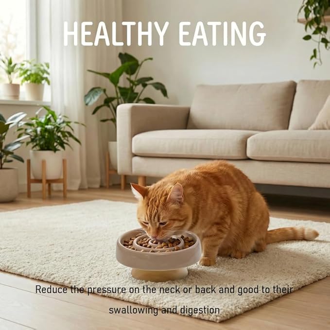 Ceramic Cat Slow Feeder, Raised Slow Feeder Cat Bowl, Anti Vomiting and Whisker Friendly Kitty Dish, Elevated Puppy Kitten Food Bowl for Dry and Wet Food (Brown)