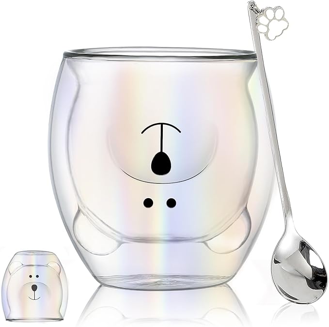 Binoster Cute Mugs Double Wall Glass Coffee Glass Cup Kawaii Bear Tea Milk Cup Funny Mug Animal Mug Aesthetic Cup for Office and Personal Birthday Gift (Iridescent Bear)