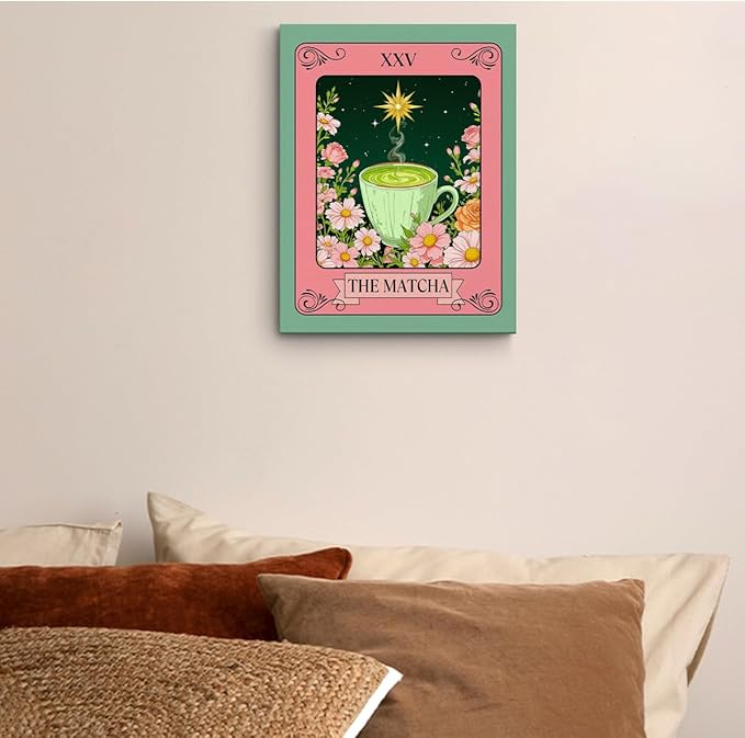 The Matcha Tarot Print Wall Art, Green Tea Vintage Posters Canvas Framed Prints Modern Home Decor, Retro Botanical Floral Poster for Living Room Entryway Bedroom Book Shelf Room Aesthetic