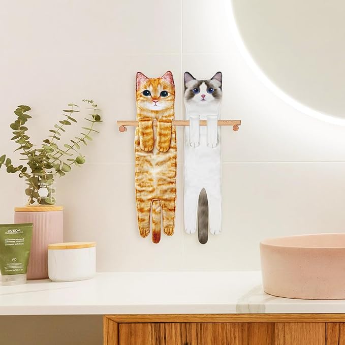 Funny Hand Towels for Bathroom Kitchen Decor - Cute Cat Hanging Hand Towel Kitchen Gadgets - Unique Housewarming Birthday Christmas Cat Lover Gift Ideas for Women Mom Lady Adults