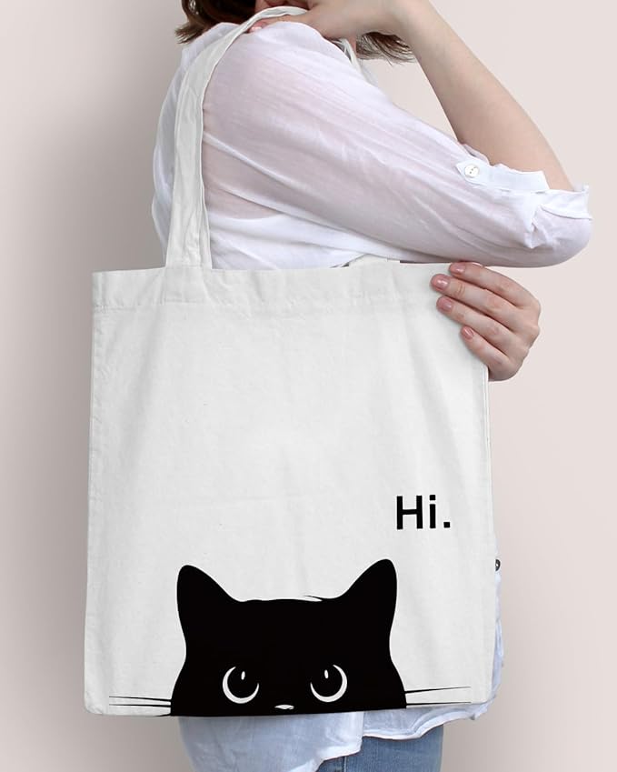 Cute Cat Canvas Tote Bag for Women Funny Cat Bag for Shopping Work Travel Lover Totes Gifts