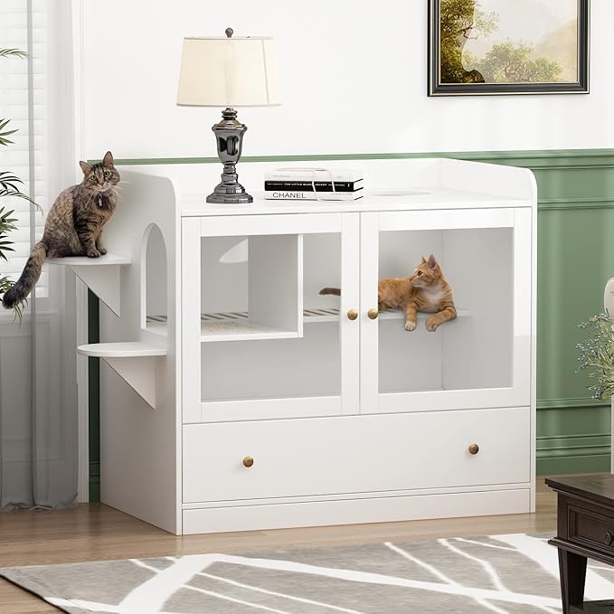 Extra Large Cat Litter Box Enclosure Furniture Hidden, Cat Condo Cabinet Pet House with Stairs for 2, Nightstand Side Table with a Drawer for Living Room, White