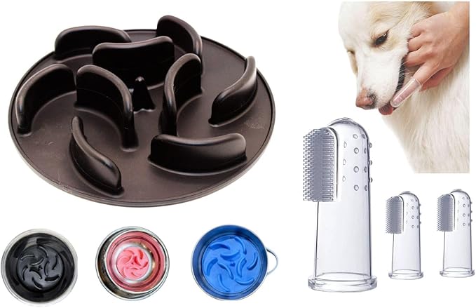 Slow Feeder Insert for Dog Bowl with Suction Cups – Anti-Choke Silicone Design Fits Most Dog Bowls – Includes 3 Finger Toothbrushes for Puppy & Pet Dental Care| We Give Back