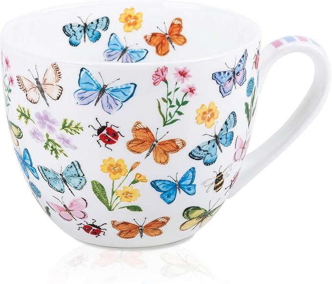 Colorful Butterfly Mug - 20oz Bone China Coffee Tea Hug Mug with Multicolor Butterflies, Ladybugs, Bees & Blooms, Perfect Gifts for Mom Women Mothers Day, Designed in England by Harvest Green Studio