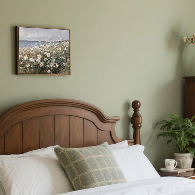 Framed Landscape Wall Art Blue Ocean Theme White Flower Pictures Wall Decor Abstract Floral Painting Prints Modern Seascape Artwork for Living Room Bedroom Bathroom Home Office Decoration, 8x10 Inch