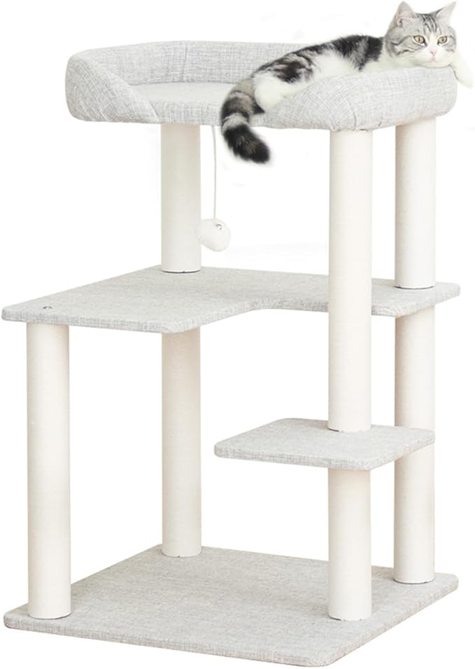 Mordern Cat Tree Tower 37.4'' (95 cm) with Scratching Posts,Multi-Level Cat Tree Tower with Large Base for Multiple Baby/Large Cats, Scratching Posts (Light Gray)