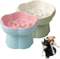 Ceramic Elevated Slow Feeder Cat Bowl,Anti Vomit Design for Whisker Fatigue Relief,Elevated Slow Feeder Bowls for Indoor Cats&Small Breeds,Perfect for Wet Food&Small Dogs (2, Green & Blue)
