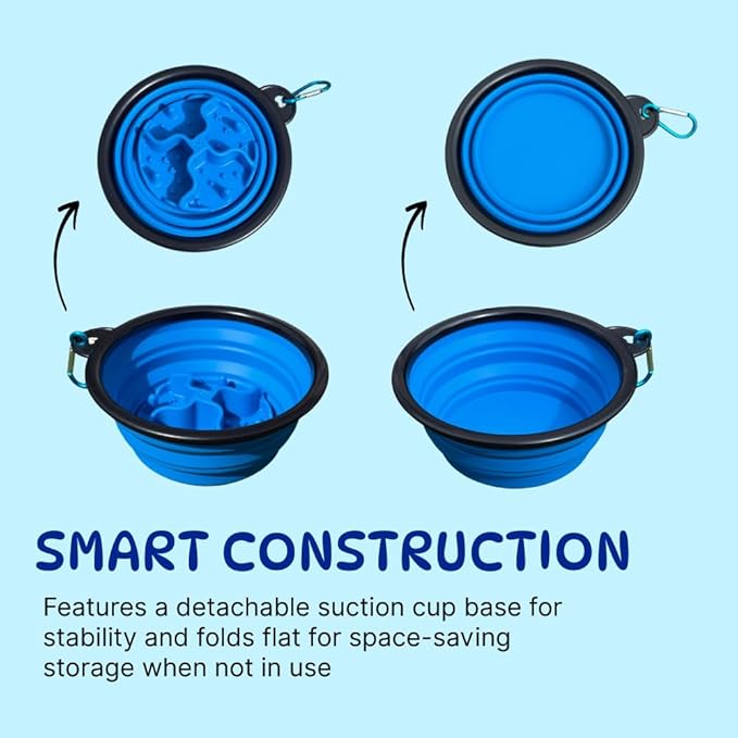 Collapsible Cat Bowl, Maze Design Pet Puzzle Feeder, 650ml Dog Slow Feeding Bowls, Dog Slow Feeding Bowl with Carabiner Portable BPA-Free Silicone Pet Bowls for Hiking,Travel,Camping - Colour Blue