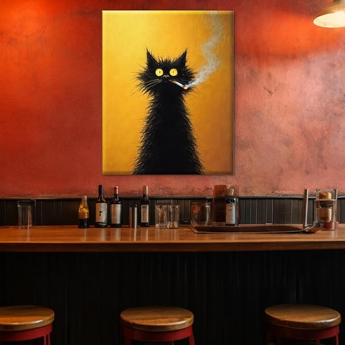 Whimsical Vintage Cat Wall Art Decor Retro Quirky Cat Print Picture Funny Animal Wall Decor for Home Living Room Man Cave 8x10 Inch Canvas Framed