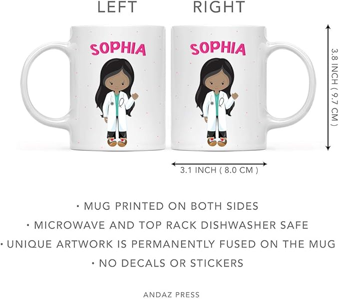 Andaz Press Personalized 11oz. Kids Milk Hot Chocolate Mug, Black Haired Girl Doctor, 1-Pack, Custom Child’s Birthday Christmas Coffee Cup