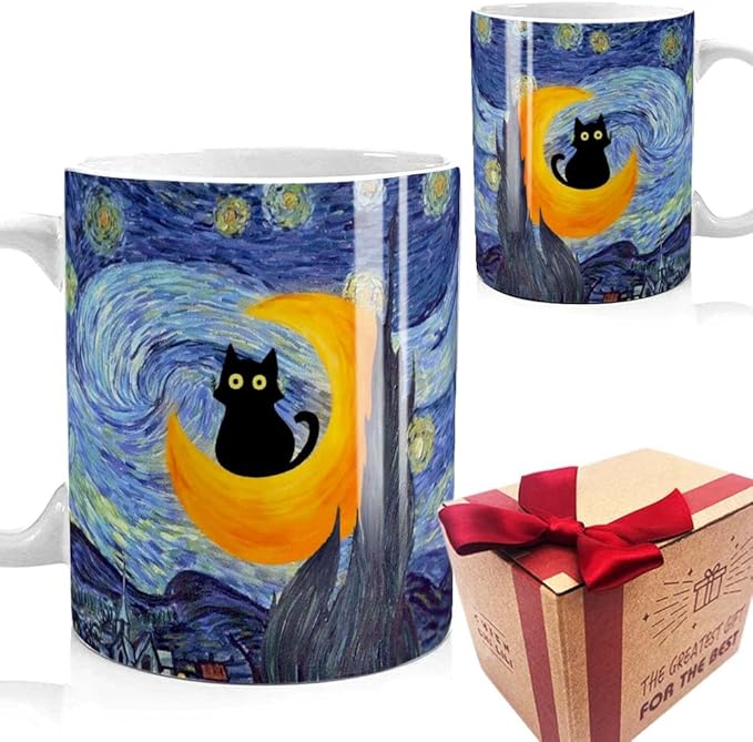 Famous Art Paintings Funny Cat Coffee Mug for Artist Art Lover Teacher Cat Lovers, Famous Picture Classic Vincent Aesthetic Canvas Mug Birthday Gift for Women Man (Starry Night)
