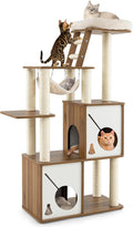 Tangkula Modern Cat Tree, 57 Inch Wood Cat Tower with Sisal Scratching Posts, Padded Top Perch, 2 Cat Condos, Hanging Hammock & Climbing Ladder, Multi-Layer Large Cat Tree Tower for Indoor Cats