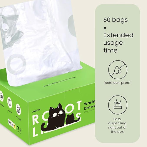 60 Tidy Draw-Pack Cat Litter Box Robot 5/4/3 Waste Bags,Tear-free, Sensor-compatible, Automatic Litter Box Bags, Thick Heavy Duty Cat Litter Box Liner Bags 26.3 X15.7 IN