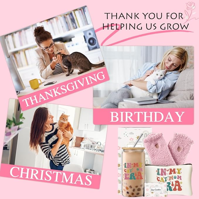 DHQH Cat Lover Gifts for Women, Cute Birthday Presents Cats Themed Gift, Cat Mom Gifts Set with 16 Oz Glass Cup for Mothers Day Thanksgiving Christmas