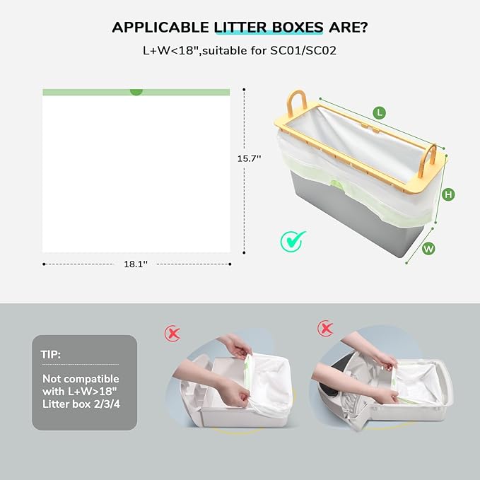 65 Count Drawstring Litter Box Liner Bags for Auto Self-Cleaning Litter Box, Extra Thick Leak Proof Cat Litter Replacement Waste Bags, Unscented, 18.1"W x 15.7"H, 3.5 Gal（Fit for SC01/SC02）
