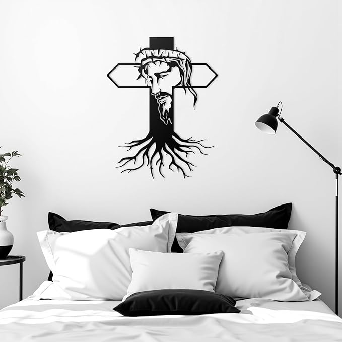 MDFUGEG Metal Cross Jesus Wall Decor-14.5x11.4in Black Religious Wall Art for Christian Catholic | Home Church Living Room Bedroom Decor, Baptism Mother's Day Religious Gifts