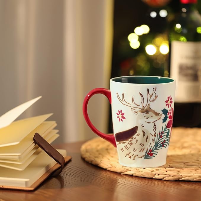 NymphFable Christmas Mug 20oz/600ml Large Ceramic Coffee Mug Santa Elk Cup with Handle 100% Hand Painted Christmas Gift