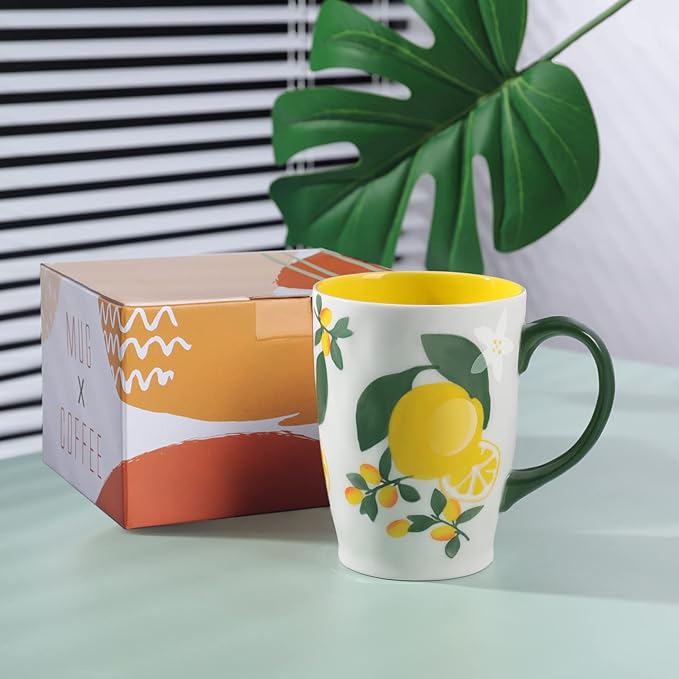 NymphFable Hand Painted Ceramic Large Coffee Mug with Handle 20oz Lemons Tea Cup Gifts for Women