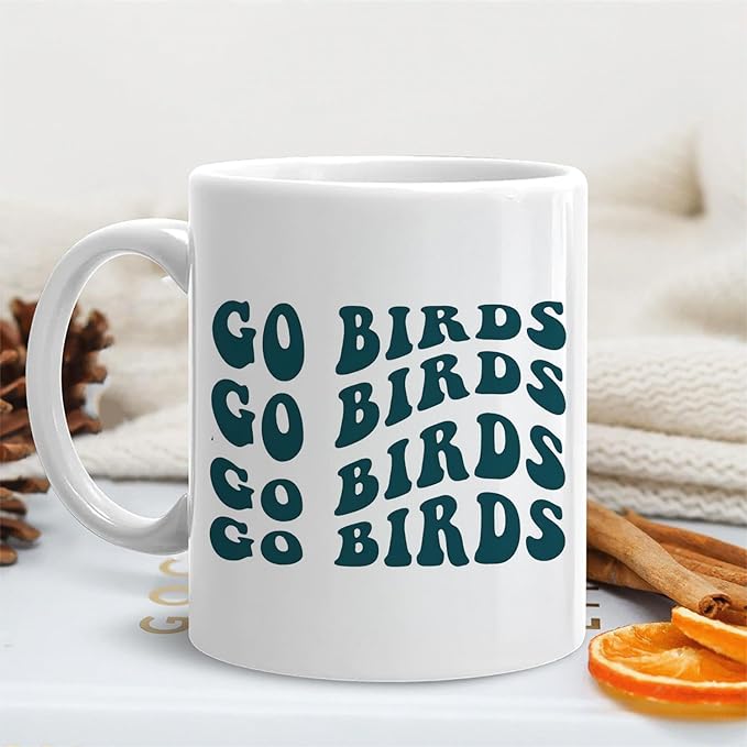 Go Birds Groovy Green Football Mug, Football Lover Fan Player Gifts Coffee Cup Ceramic, Footballs Gifts for Women Men Ceramic Coffee Tea Mug 11 oz