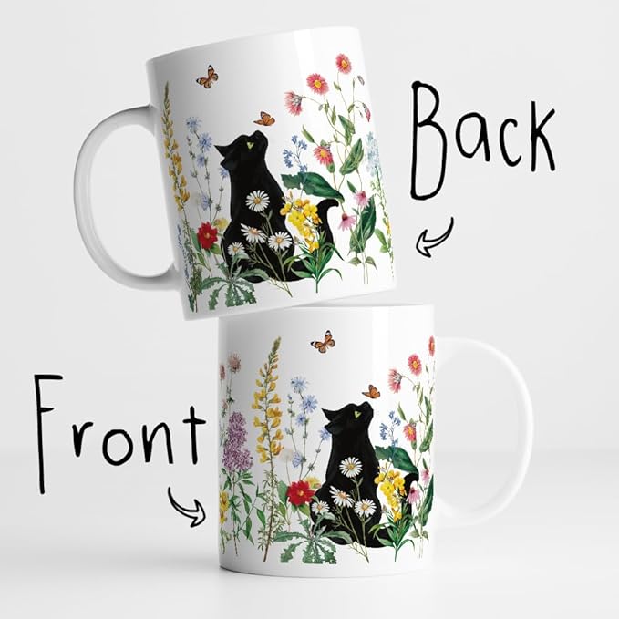 FALJIOK Cute Black Cat and Flowers 11oz Porcelain Coffee Mug, Gift for Cat Lover, Mom, Friend, Bestie