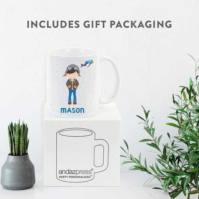 Andaz Press Personalized 11oz. Kids Hot Chocolate Mug, Boy Pilot, 1-Pack, Custom Child’s Birthday Christmas Coffee Cup