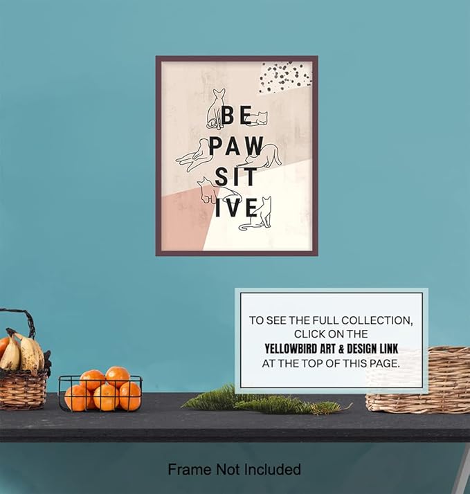 Inspirational Cat Art Wall & Decor - Cat Lover Gifts for Women - Cute Motivational Kiity Posters 8x10 - Aesthetic Abstract Minimalist Mid Century Modern Kitten Decor - Be Positive Geometric Line Art