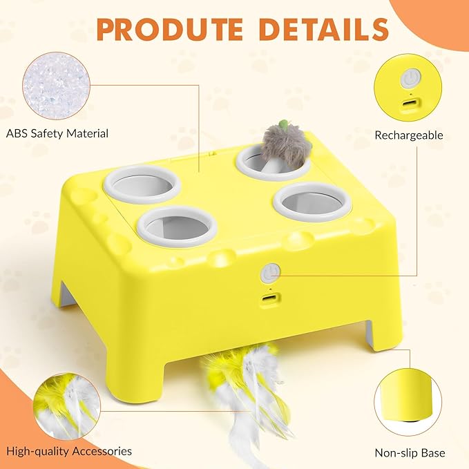 Interactive Cat Toys for Indoor Cats, 2-in-1 Cat Toys Interactive for Bored Indoor Adult Cats, Automatic Electronic Feather Cat Toy, 4 Holes Mole, Rotating Feather, USB Rechargeable