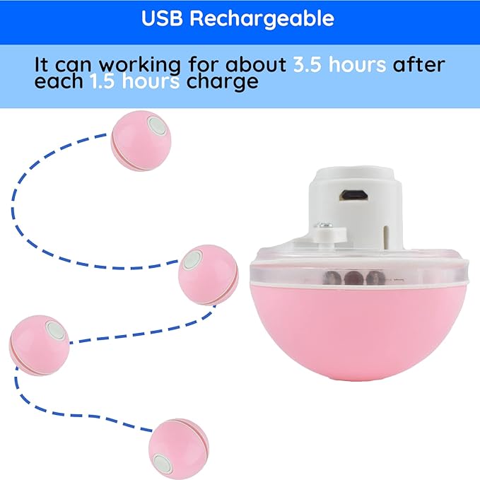 Automatic Active Rolling Ball for Cats, Self Moving Interactive Dog Toys for Boredom, Wicked Ball for Small Dogs/Cats with LED Lights, USB Rechargeable(Pink)