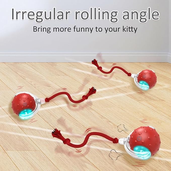 Interactive Cat Toy Ball – Automatic Rolling Cat Toys for Indoor Cats, Motion Activated & Chirping Sound with 4 Replaceable Tails, Rechargeable Cat Toys for Bored Indoor Adult Cats, Kittens -RED