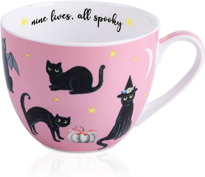 Black Cat Mugs - 20 oz Bone China Black Cat Coffee Mug with Pumpkin, Cute Spooky Holiday Gifts for Friends and Family, Designed in England by Harvest Green Studio