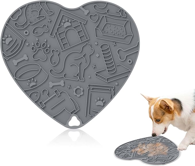Silicone Slow Feeder Dog & Cat Bowl with Suction Cups – Non-Slip Fun Pattern for Dogs and Cats, Interactive Pet Enrichment Bowl, Treat Eating Feeder, Heart-Shaped Mat Compatible (Grey)