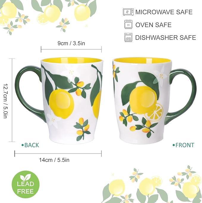 NymphFable Hand Painted Ceramic Large Coffee Mug with Handle 20oz Lemons Tea Cup Gifts for Women