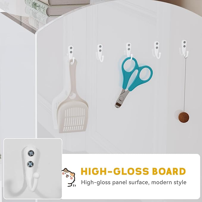 DWVO Large Hidden Litter Box Furniture with Hooks, Modern Cat Litters Box Enclosure for M/L/XL Litter Boxes, Wooden Secret Cat Cabinet, High-Gloss White