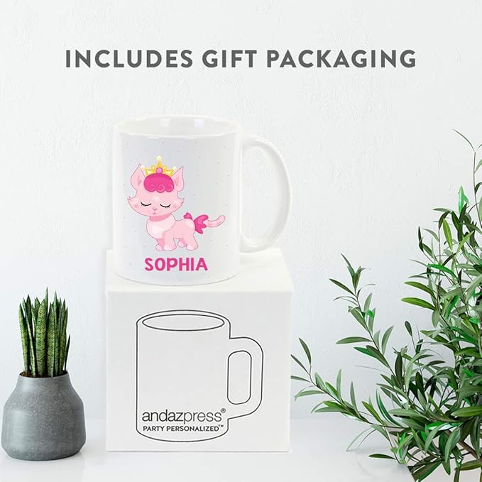Andaz Press Personalized 11oz. Kids Milk Hot Chocolate Mug, Pink Princess Cat, 1-Pack, Custom Child’s Birthday Christmas Coffee Cup