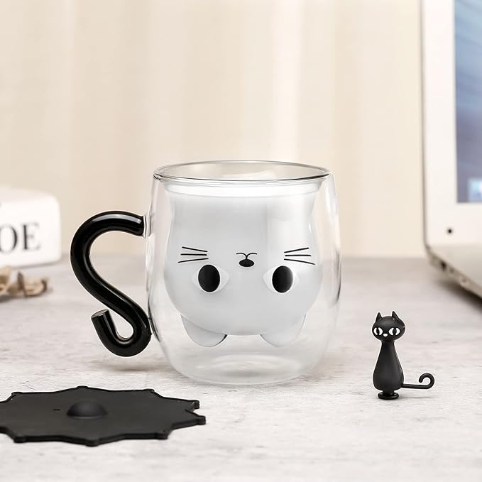 Phitihui Cat Mugs, Double Wall Glass Cute Coffee Tea Cup, Graduation Valentines Mothers Day Easter Halloween Christmas Gifts for Women Wife Mum Her Girl Teacher Friend, Birthday Present Idea