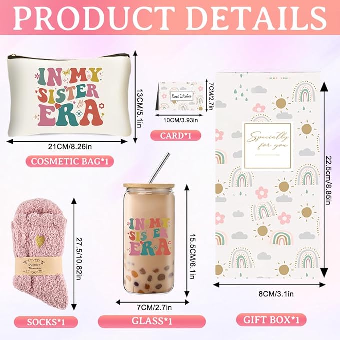 Sister Gifts for Women, Unique Birthday Presents from Sisters, Sisters Gifts Box Set with 16 Oz Glass Cup, Thank You Christmas Gift Ideas for Big Sister