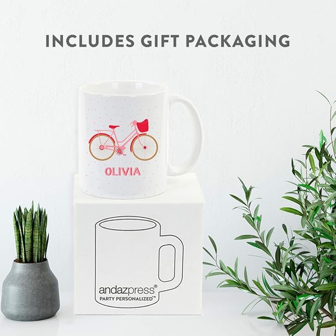 Andaz Press Personalized 11oz. Kids Hot Chocolate Mug, Pink and Red Bike, 1-Pack, Custom Child’s Bicycle Birthday Christmas Coffee Cup