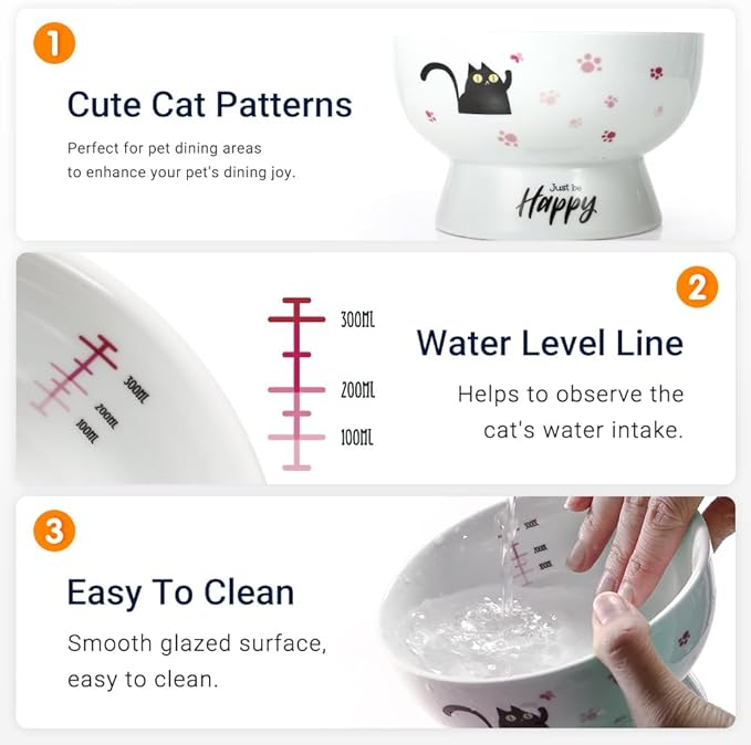 Porcelain Raised cat Bowl, 15-Ounce Raised Porcelain pet Bowl - Protects Your pet's Spine, Large-Capacity Non-Overflowing pet Bowl with Anti-Slip Strap, Dishwasher Safe (Pink)