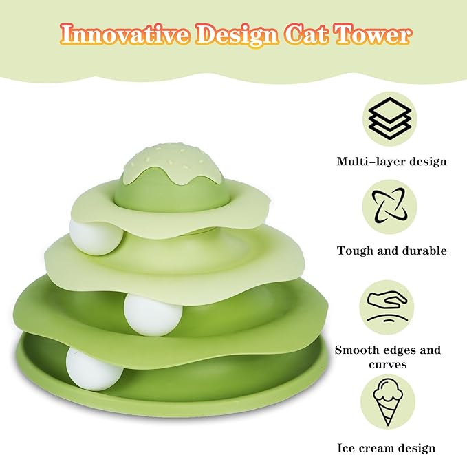 Cat Ball Track Toy,Interactive Cat Toy, Engaging Fun for Indoor Cats, Multi-Layer Design, Ice Cream Structure,Detachable and Easy to Clean (Yellow)