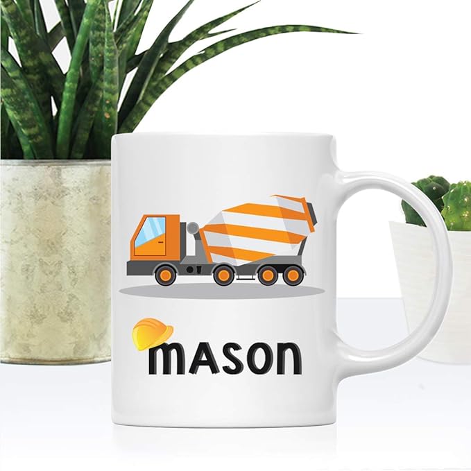 Andaz Press Personalized 11oz. Kids Hot Chocolate Mug, Orange Construction Truck Cement Truck, 1-Pack, Custom Child’s Birthday Christmas Coffee Cup