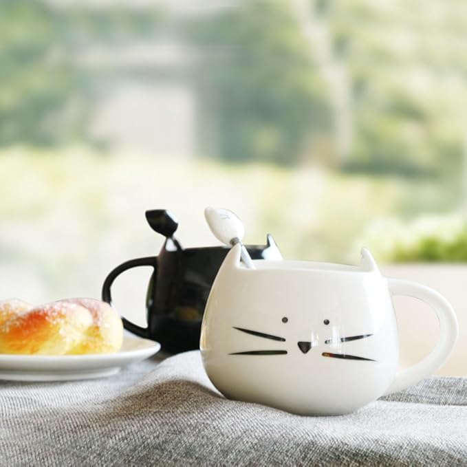 Koolkatkoo Cute Cat Mug Ceramic Coffee Mugs Set Gifts for Women Girls Cat Lovers Funny Small Cup with Spoon 12 oz Black and White