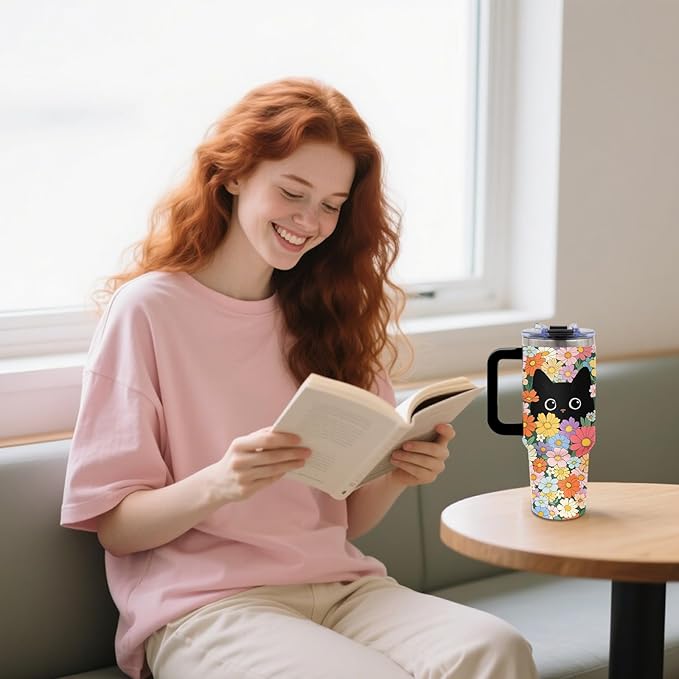 Black Cat & Floral Tumbler 40oz with Handle and Straws, Leak - proof, Stainless Steel Insulated Travel Coffee Mugs Vintage Flora & Cute Cat Print Cup Gifts for Women, Girls, Birthday, Christmas