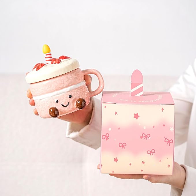 Adorable Cake Ceramic Coffee Mug, 400ml Cute funny Mug For Women, Cake Shaped Aesthetic Mugs Tea Cup with Lid Spoon for Birthday Valentines Day Home Office School