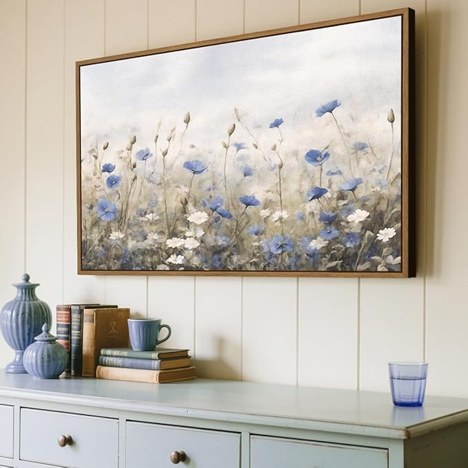 Vintage Floral Wall Art Blue White Flower Canvas Art Prints Wildflower Pictures Wall Decor Nature Landscape Oil Painting Framed Botanical Artwork for Girls Room Bedroom Farmhouse Decoration, 24''x36''