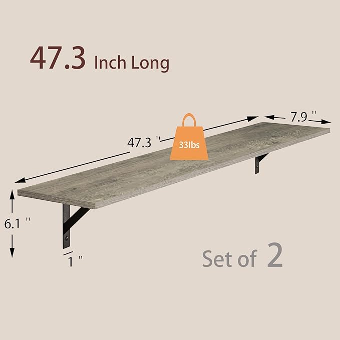 DINZI LVJ Long Wall Shelves, 47.3Inch Wall Mounted Shelves Set of 2, Extra Large Wall Storage Ledges with Sturdy Metal Brackets for Living Room, Bathroom, Bedroom, Kitchen, Grey Wash
